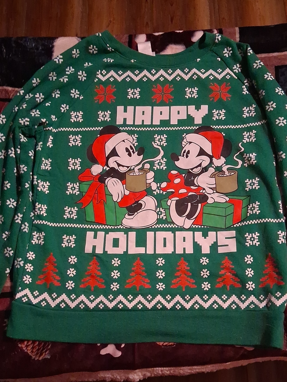 Disney Green Mickey & Minnie 'Happy Holidays' Pullover with Red Accents